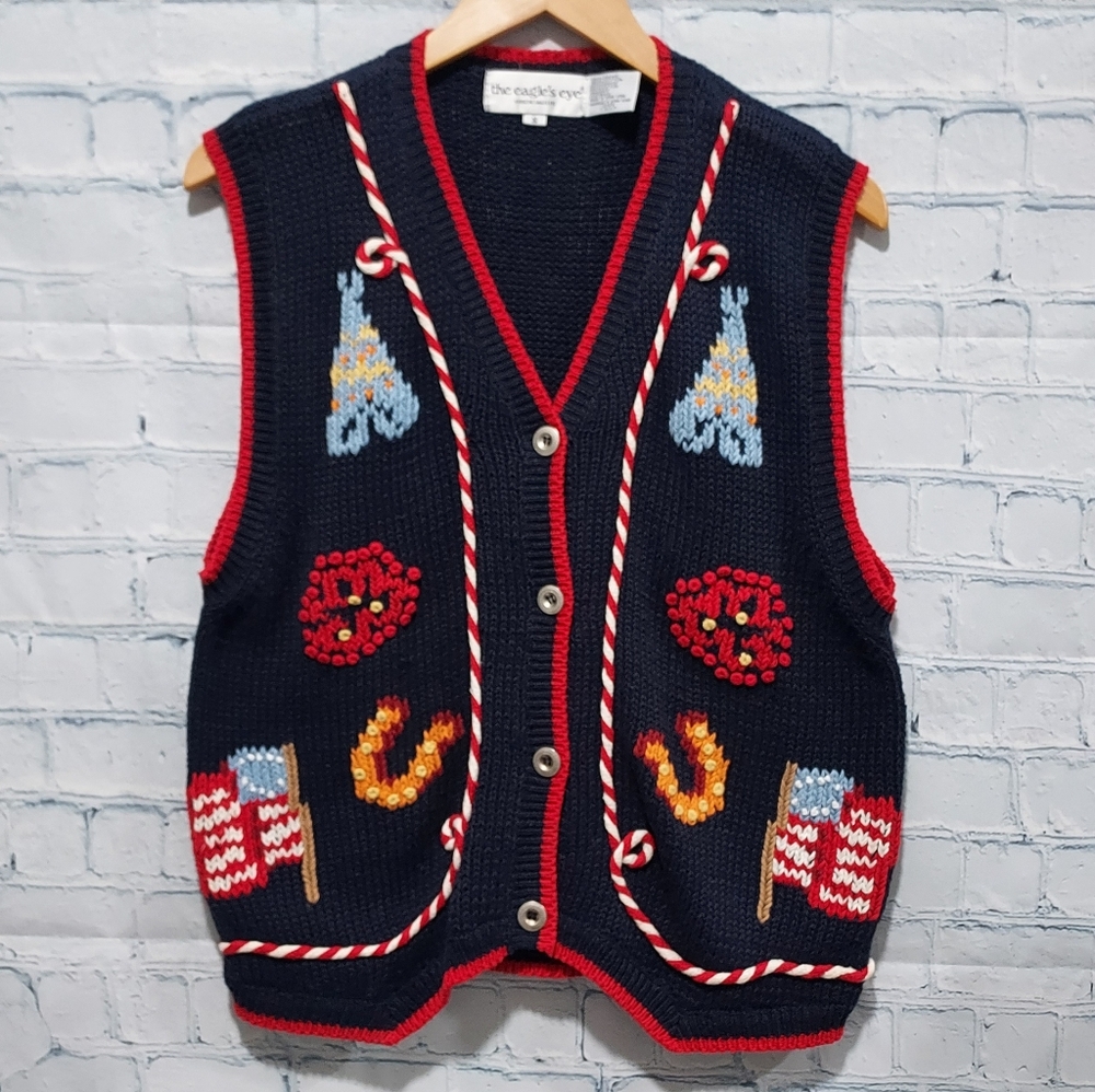 The Eagle's Eye Small Sweater Vest Patriotic Flag Vintage Cottagecore 90s Granny